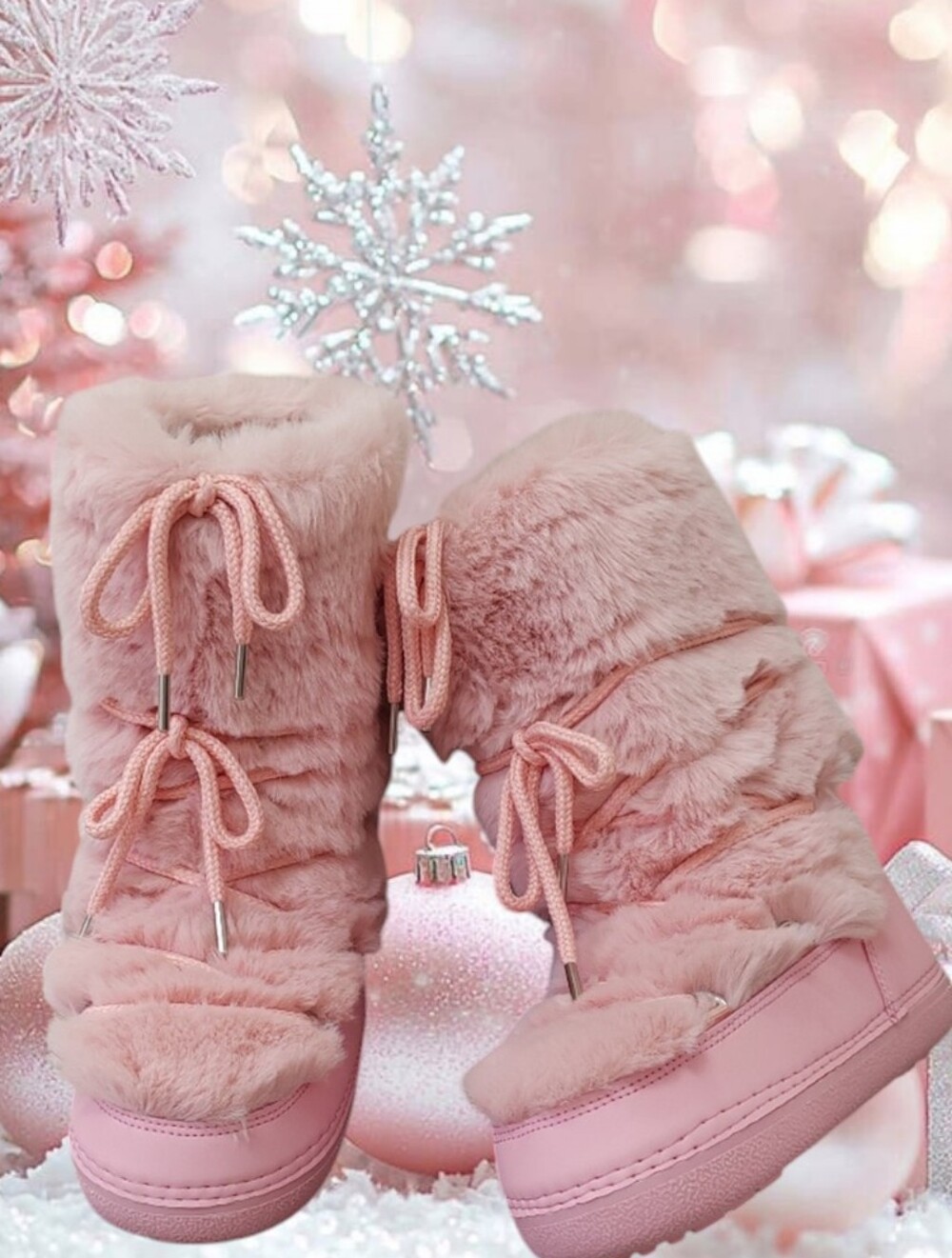 Plush Soft Pink Faux-Fur Ski Themed Winter Boots